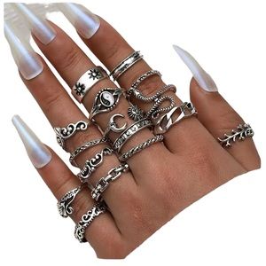 16 Piece Silver Designed Ring Set